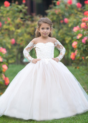 Long Sleeves Ivory Lace Tulle Illusion Neck Floor Length Flower Girl Dress